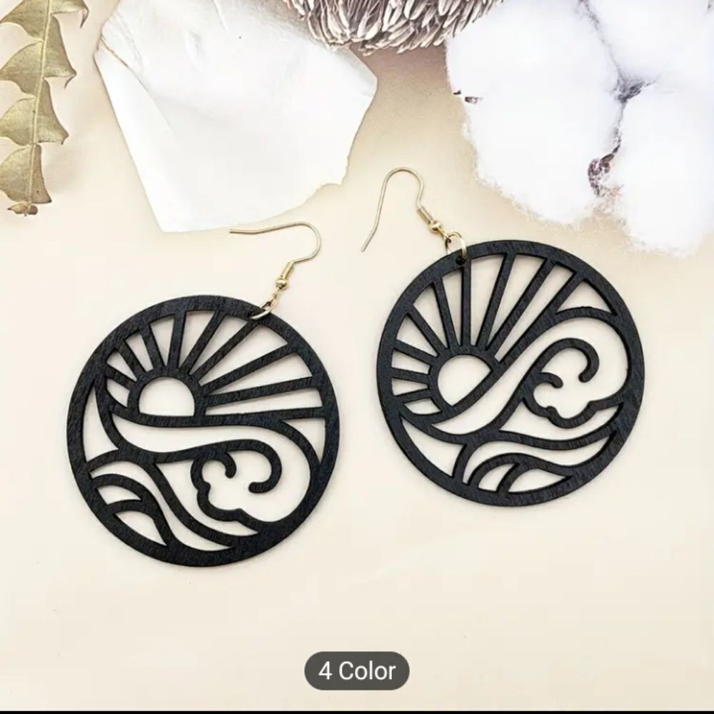 Earrings wooden dangle retro hollow black new e66‎